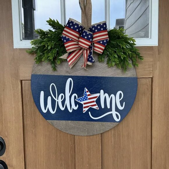 Welcome Patriotic Flag Front Door Hanging Sign Fourth of July Decor Wreath Gift - Picture 6 of 7